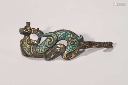 A Turquoise, Gold and Silver Inlaying Bronze Belt Hook