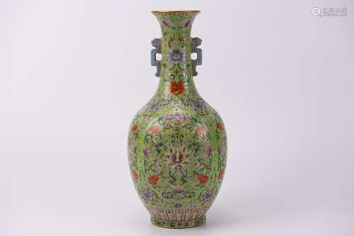 A Famille Rose Flower Double-Eared Vase