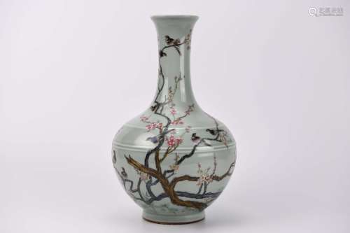 Celadon Glaze and Famille Rose Flower and Bird Bottle Vase