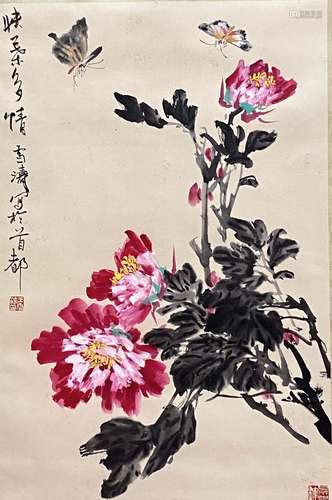 A Chinese Flower and Bird Painting Paper Scroll, Wang Xuetao...