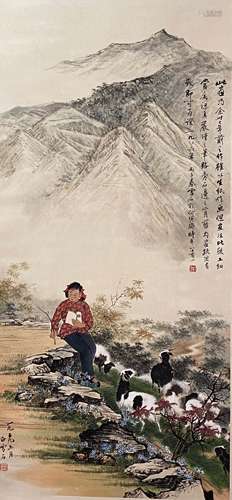 A Chinese Figure Painting Paper Scroll, Wang Xueshi Mark