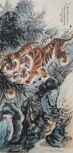 A Chinese Tiger Painting Paper Scroll, Zhang Shanzi Mark