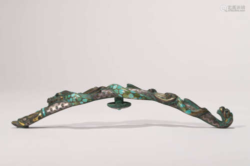 A Turquoise, Gold and Silver Inlaying Bronze Belt Hook