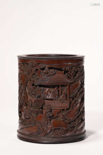 A Carved Bamboo Figure and Pavilion Brush Pot