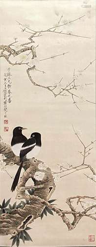 A Chinese Magpie and Plum Blossom Painting Paper Scroll, Yu ...