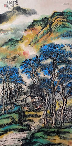 A Chinese Landscape Painting Paper Scroll, Zhu Yizhan Mark