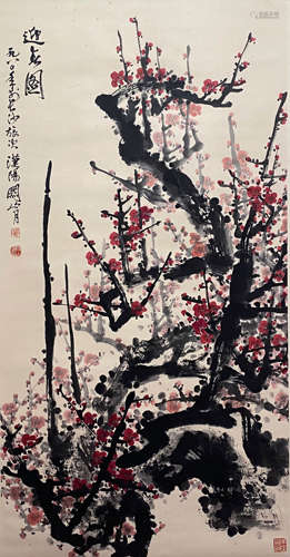 A Chinese Plum Blossom Painting Paper Scroll, Guan Shanyue M...