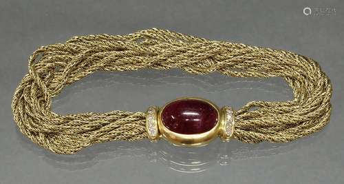 Armband, GG 750, 10 Goldstränge, Schließe ovaler Rubin-Caboc...