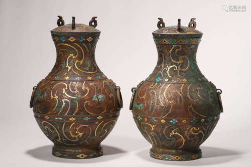 A Pair of Turquoise, Gold and Silver Inlaying Bronze Vases a...