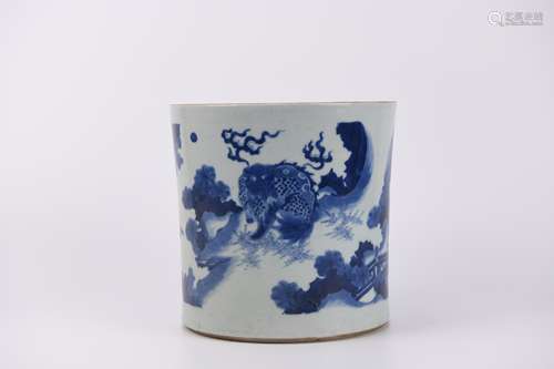 A Blue and White Kylin and Plantain Brush Pot