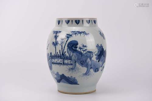 A Blue and White Kylin and Plantain Oval Jar