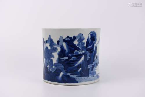 A Blue and White Landscape and Figure Brush Pot