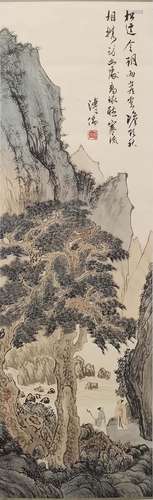 A Chinese Landscape Painting Paper Scroll, Pu Xinyu Mark