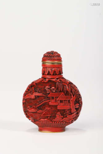 A Carved Cinnabar Lacquerware Landscape Snuff Bottle