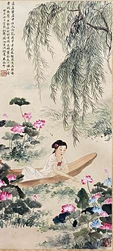 A Chinese Figure Painting Paper Scroll, Zhu Meicun Mark