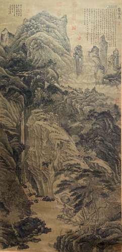 A Chinese Landscape Painting Paper Scroll, Shen Zhou Mark