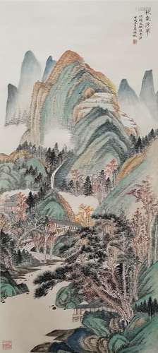 A Chinese Landscape Painting Paper Scroll, Wu Hufan Mark