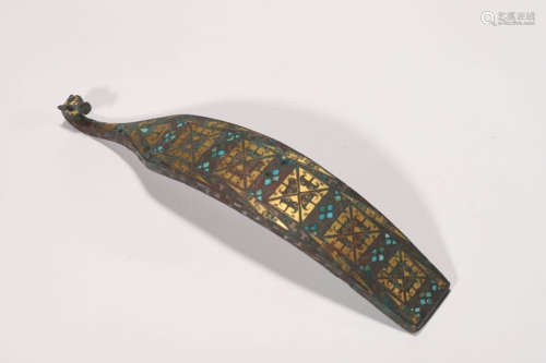 A Turquoise, Gold and Silver Inlaying Bronze Belt Hook