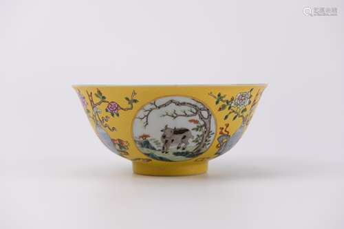 A Yellow-Ground Famille Rose Three-Ram Bowl