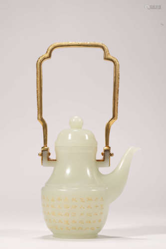 An Inscribed Jade Tea Pot with Loop Handle