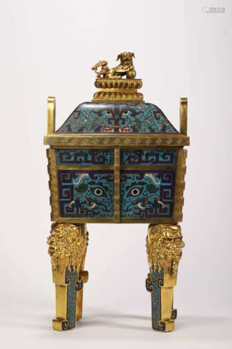 A Cloisonne Enamel Beast Square Censer with Beast Finial