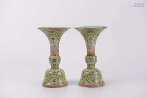 A Pair of Green-Ground Famille Rose Eight Treasures Beaker V...