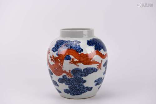 An Iron-Red Glaze and Underglaze Blue Dragon and Cloud Jar