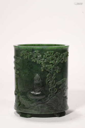 A Carved Spinach-Green Jade Figure Brush Pot