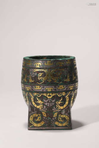 A Silver and Gold Inlaying Bronze Square Cup