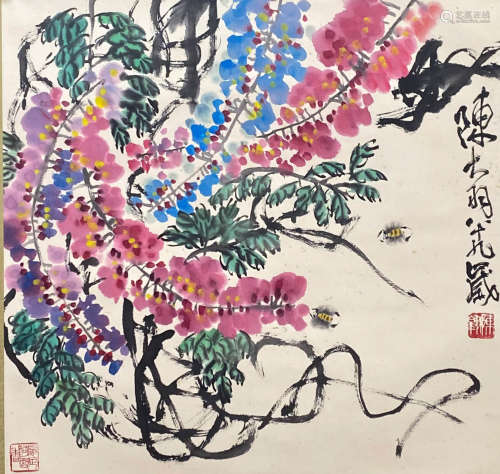 A Chinese Flower and Bird Painting Paper Scroll, Chen Dayu M...