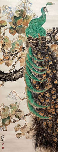 A Chinese Flower and Peacock Painting Paper Scroll, Gao Jian...
