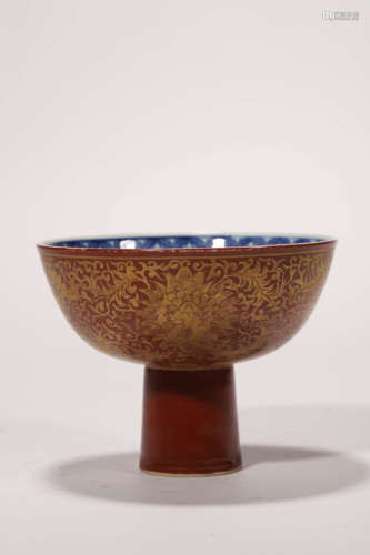 A Gilt Decorated Iron-Red Glaze Lotus Stem Bowl