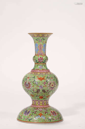 A Green-Ground Famille Rose Buddhist Vase