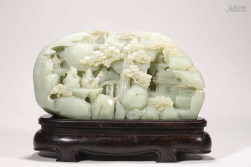 An Inscribed Celadon Jade Figure and Pine Boulder