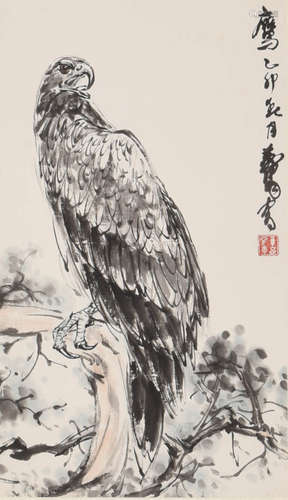 A Chinese Eagle Painting Paper Scroll, Huang Zhou Mark