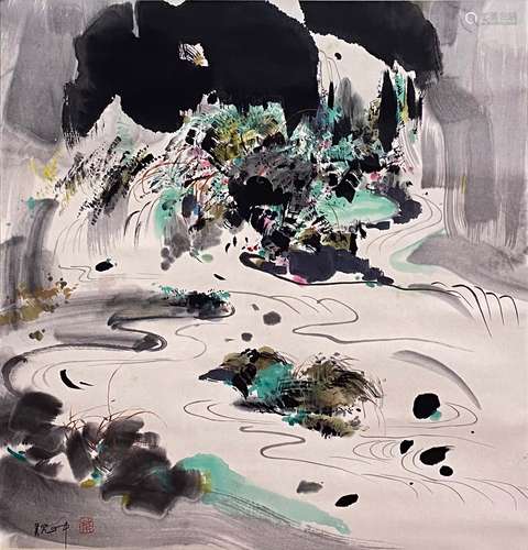 A Chinese Landscape Painting Paper Scroll, Wu Guanzhong Mark