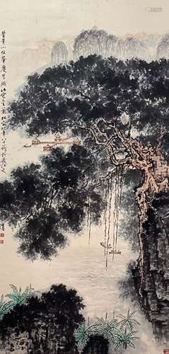 A Chinese Landscape Painting Paper Scroll, Qian Songyan Mark