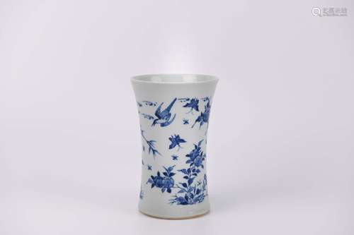 A Blue and White Flower and Bird Brush Pot