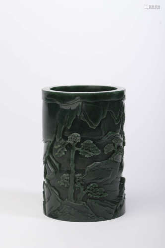 A Carved Spinach-Green Jade Figure Brush Pot