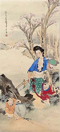 A Chinese Figure Painting Paper Scroll, Wu Guangyu Mark