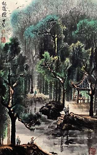 A Chinese Landscape&Pavilion Painting Paper Scroll, Li Keran...