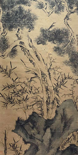 A Chinese Bamboo and Pine Painting Paper Scroll, Gao Qipei M...