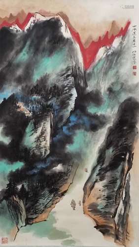 A Chinese Landscape Painting Paper Scroll, He Haixia Mark