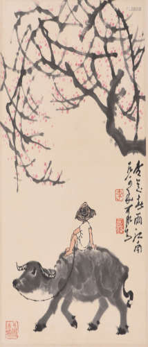 A Chinese Apricot Tree and Bull Paper Painting, Li Keran Mar...