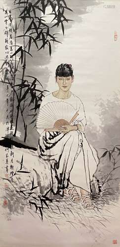 A Chinese Lady and Bamboo Painting Paper Scroll, He Jiaying ...