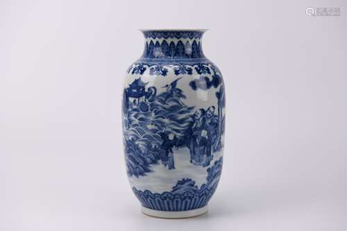 A Blue and White Figure and Wave Lantern-Form Vase