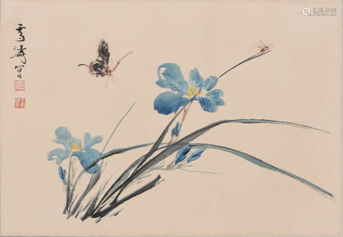 A Chinese Butterfly and Orchid Paper Painting, Wang Xuetao M...