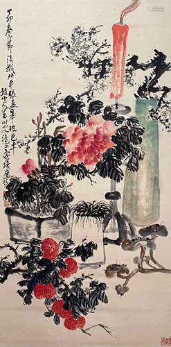 A Chinese Flower and Pine Painting Paper Scroll, Zhao Yunhe ...