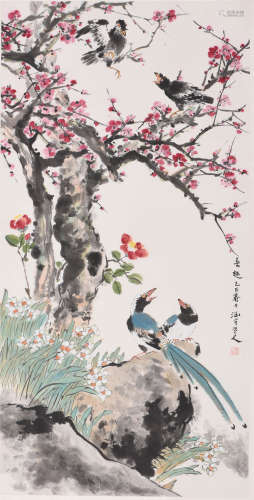 A Chinese Wagtail and Plum Blossom Silk Painting, He Hanyu M...