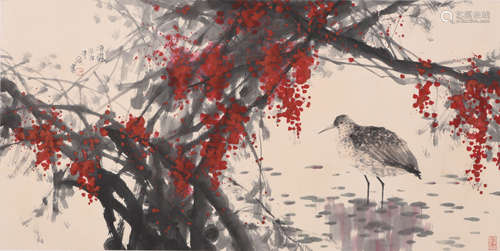 A Chinese Bird and Tree Paper Painting, Wang Mingming Mark